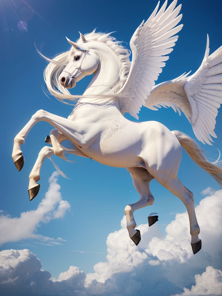 (((Highest quality, masterpiece, Ultra-high resolution, RAW Photos, Very detailed, Perfect Anatomy, Pure White Pegasus,Pegasus has four legs,Pegasus has one head and one neck ,Pegasus has one feather on each side,Pegasus is pure white and has long wings..,Pegasus spreads his wings and is about to take flight:1.5,Full body photo,)))((Highest quality)), A pure white Pegasus is about to take flight,Real,Powerful,Impressive