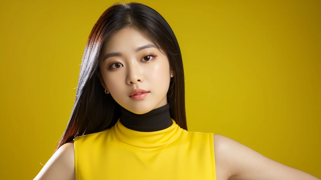 (detailed face),VIVID,pretty,breasts,sleeveless and turtle neck yellow silky clothes,4k ,super high resolution ,(photo-realistic: 1.7), yellow background,black long hair,