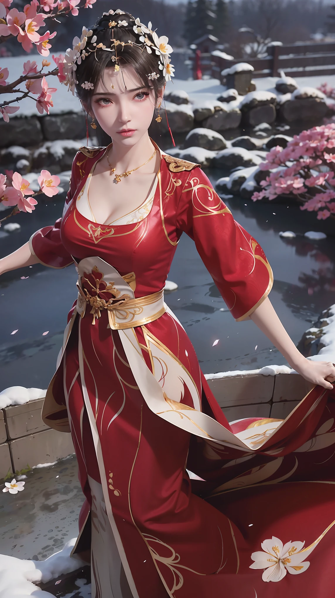 There is a woman in a red dress standing near a pond - SeaArt AI