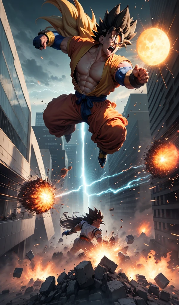 (Anime style, highly detailed), one Saiyan delivering a final, powerful punch, sending the other crashing into the city's central plaza. The impact creates a massive shockwave, leveling the remaining buildings and filling the air with dust and debris.