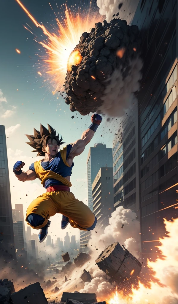 (Anime style, highly detailed), one Saiyan delivering a final, powerful punch, sending the other crashing into the city's central plaza. The impact creates a massive shockwave, leveling the remaining buildings and filling the air with dust and debris.
