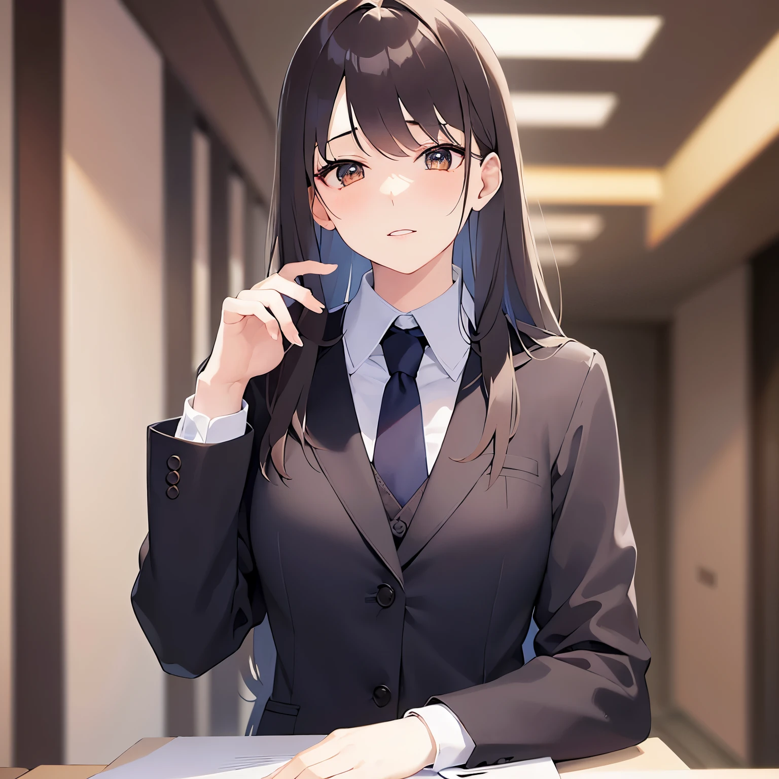 Placing hand to ear,upper body、(Looking up:1.5)、downcast、 Realistic, real person, (pale skin: 1.2), RAW photo, photorealistic, shiny skin, shiny hair、 (A 35-year-old woman with medium-length hair and bangs) and (wavy hair) and (brown hair) and (Orange Eyes) (Wearing a business suit:1.5) and (Wearing a white collared shirt)、blush,The background is the office lobby.、Alone、Wearing a black jacket