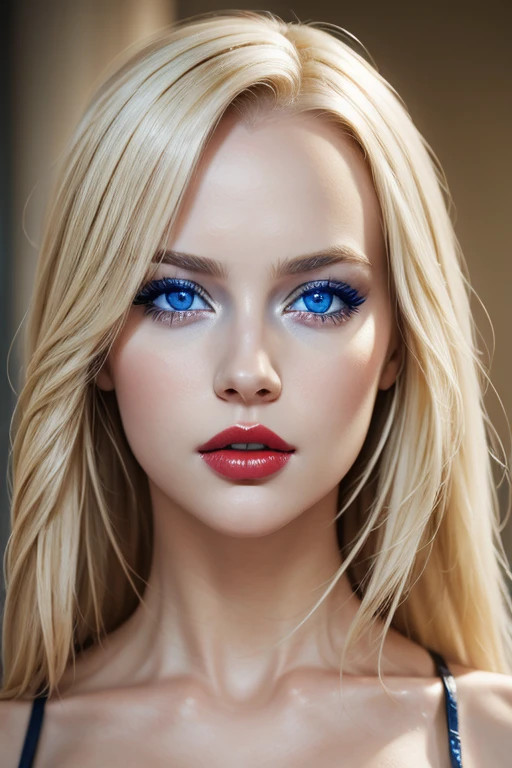 Beautiful blonde woman, with striking blue eyes and red lips. realistic photo, Masterpiece