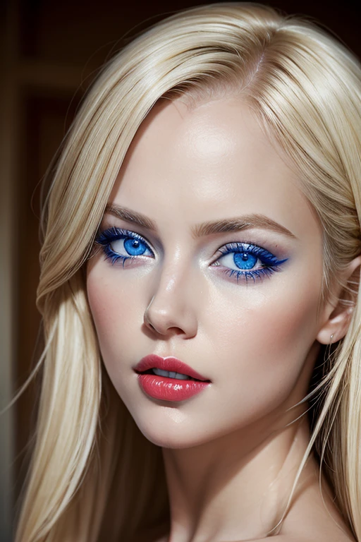 Beautiful blonde woman, with striking blue eyes and red lips. realistic photo, Masterpiece