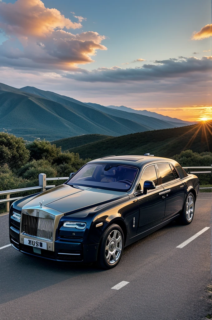 A rolls Royce Phantom seeing the beautiful sunset from the top of the mountain
