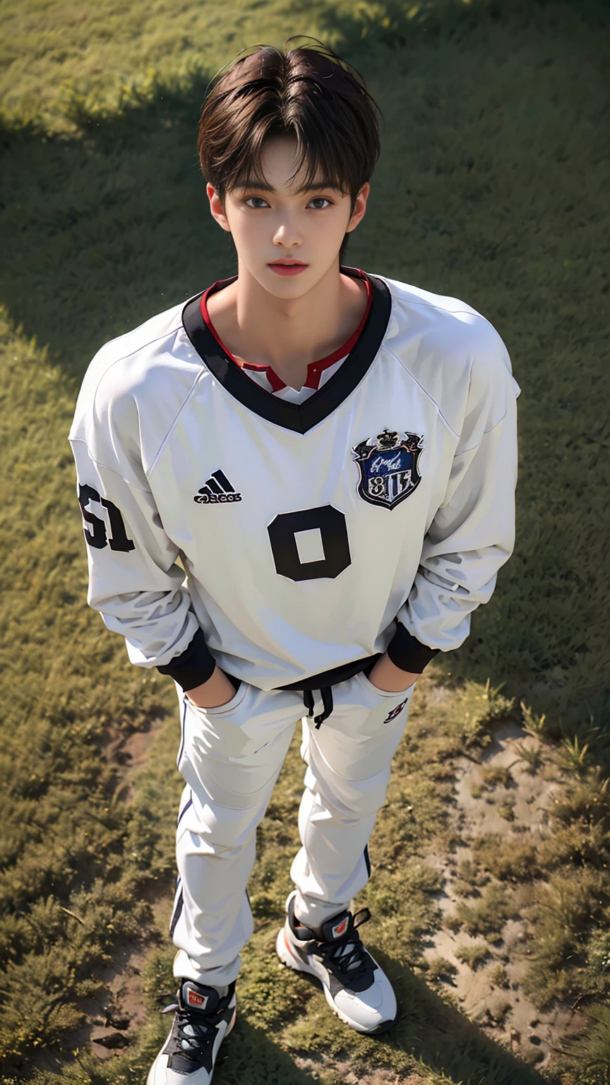 masterpiece,best quality,Front view,Lower perspective,Stay away from the camera, (An 18-year-old tall boy:1.2), (Standing upright on the campus lawn:1.2),(Football Jersey),Broad shoulders,Muscular shoulders,(Extremely strong body),Muscular body,Attractive and fit body,Inverted triangle figure,Biceps,Highlight muscle texture, Muscular body,Small head,Handsome and cute face,V-Shaped Face,Perfectly detailed facial features,Looking at the camera,Innocent expression,leaning back,head tilt, happy, very short hair, brown hair,(looking at viewer:1.2),Vision