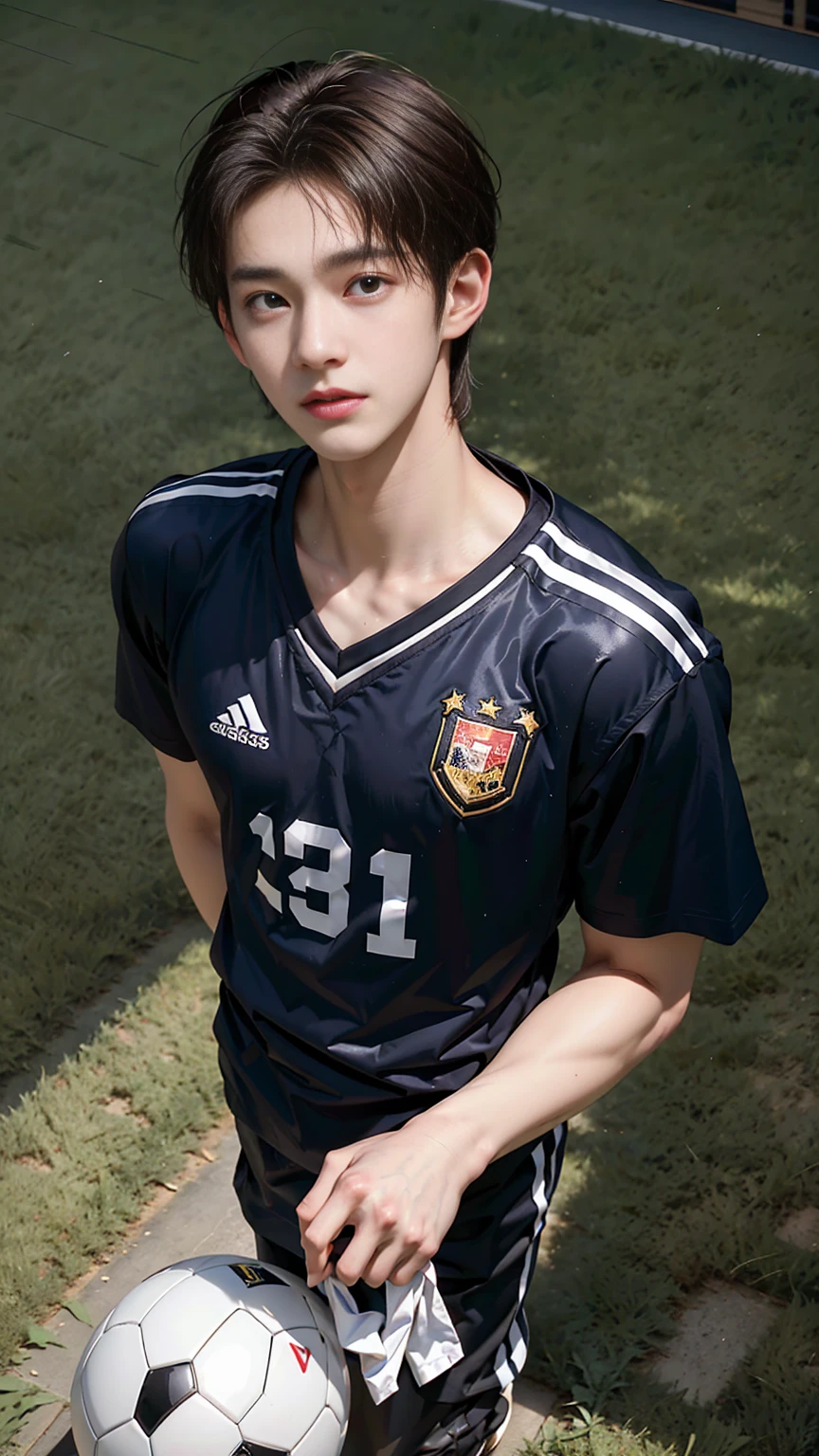 masterpiece,best quality,Front view,Lower perspective,Stay away from the camera, (An 18-year-old tall boy:1.2), (Standing upright on the campus lawn:1.2),(Football Jersey),Broad shoulders,Muscular shoulders,(Extremely strong body),Muscular body,Attractive and fit body,Inverted triangle figure,Biceps,Highlight muscle texture, Muscular body,Small head,Handsome and cute face,V-Shaped Face,Perfectly detailed facial features,Looking at the camera,Innocent expression,leaning back,head tilt, happy, very short hair, brown hair,(looking at viewer:1.2),Vision