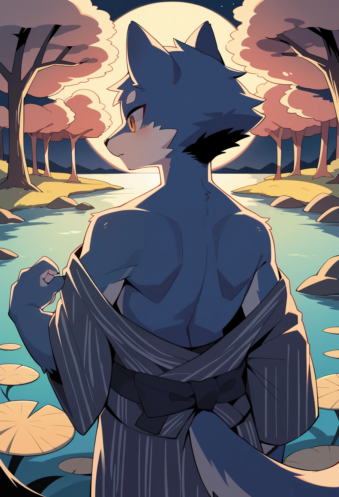 top quality, best quality, highres, masterpiece, super high resolution, detailed background, lake, nigh sky, firework, japanese yukata, absurdres, perfect anatomy, good lighting, cinematic shadow(1girl, kemono, furry anthro)assorted expressions, upper shot, dynamic angle,