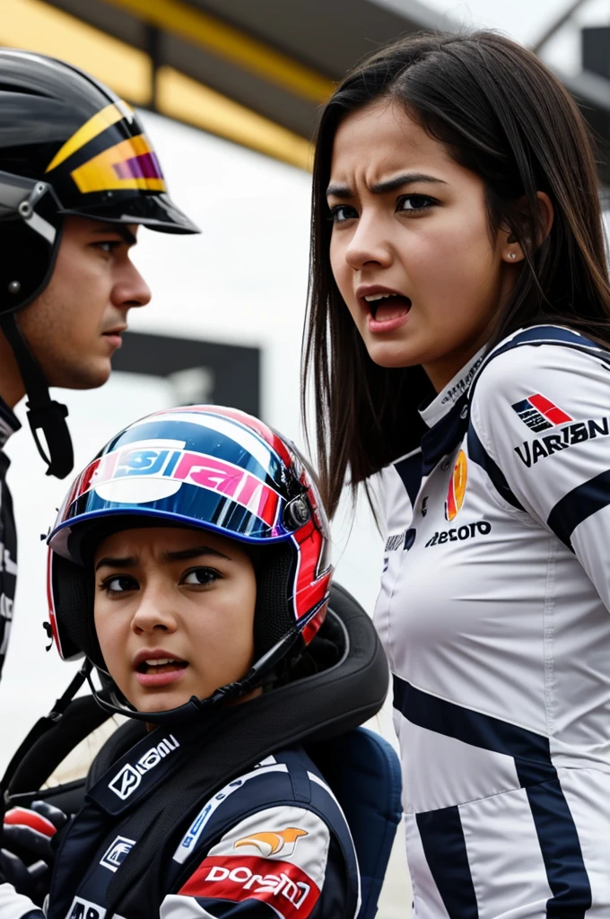 Several ideas of a team with a girl in f1 with cute anger