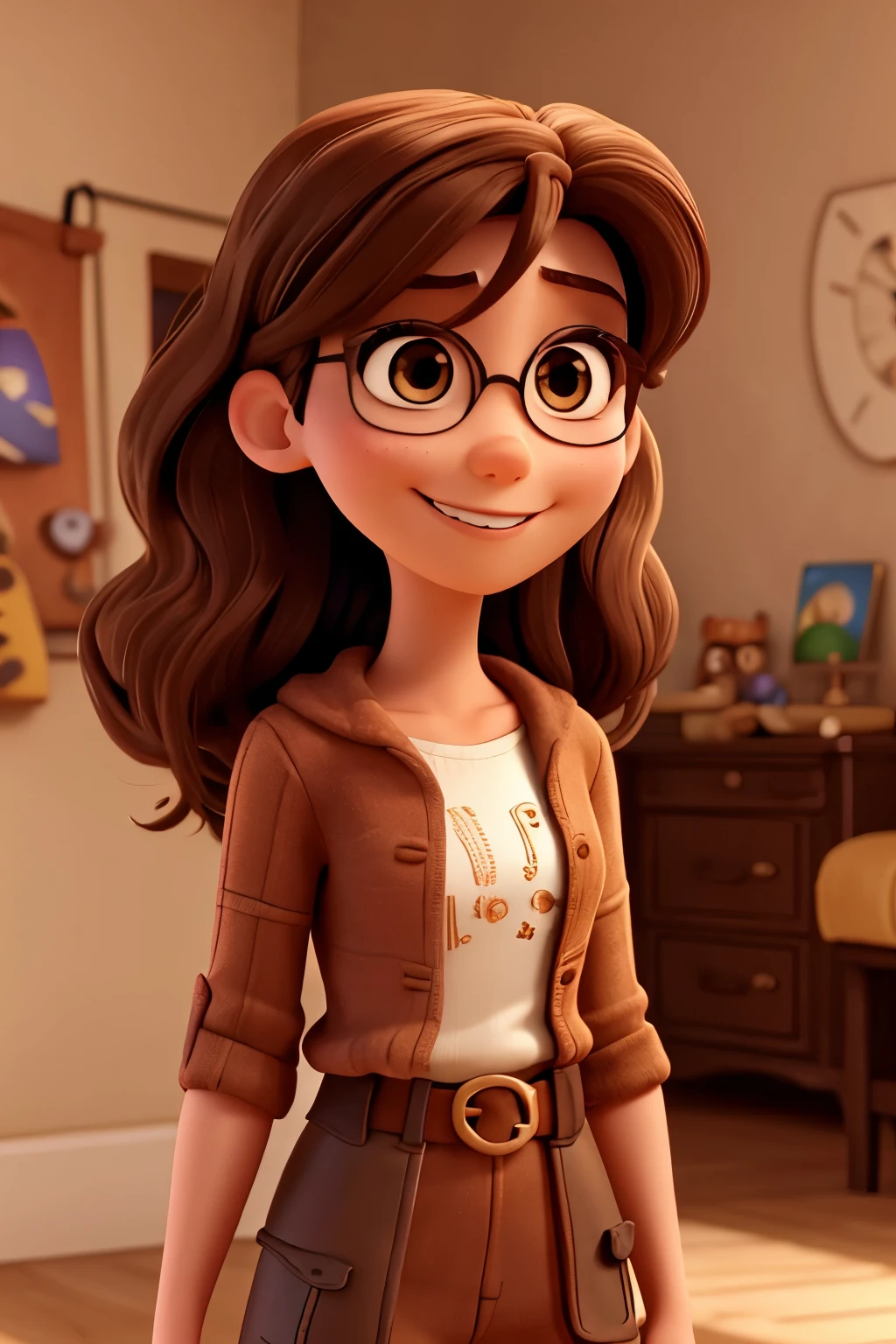 Pixar animation, 27 year old woman, light brown hair with fantasy reddish highlights, black lenses, tez blanca, smile, dark brown eyes.