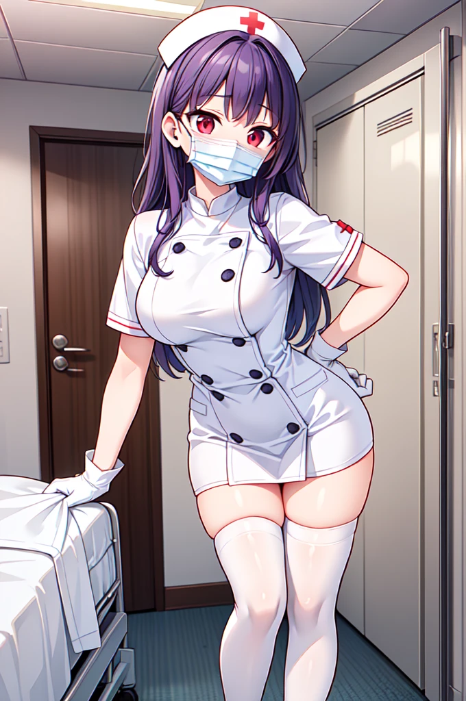 1 female, alone, nurse, nurse cap, Whiteware, ((white legwear, zettai ryouiki)), white gloves, long hair, purple hair, red eyes, pink lips, smile, Are standing, ((hospital room)), sharp outline, short sleeve, mature woman, 35 years old, highest quality, masterpiece