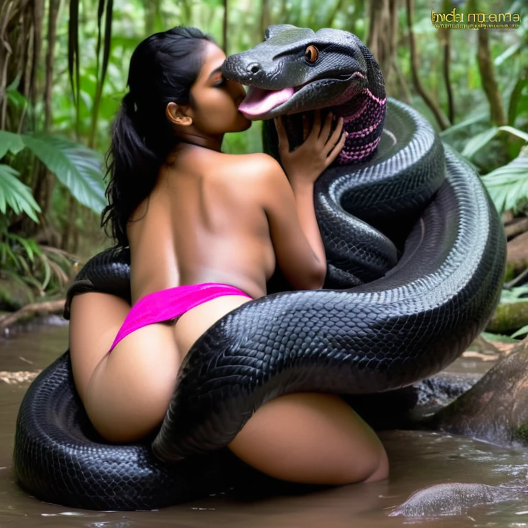 Topless pink thong wearing aroused horny beautiful happy young Indian girl vs Giant colossal black anaconda monster wrapped around her body squeezing her in coiled embrace cuddling and kissing sexual erotic bestiality sex realistic in the rainforest full body, best quality wet