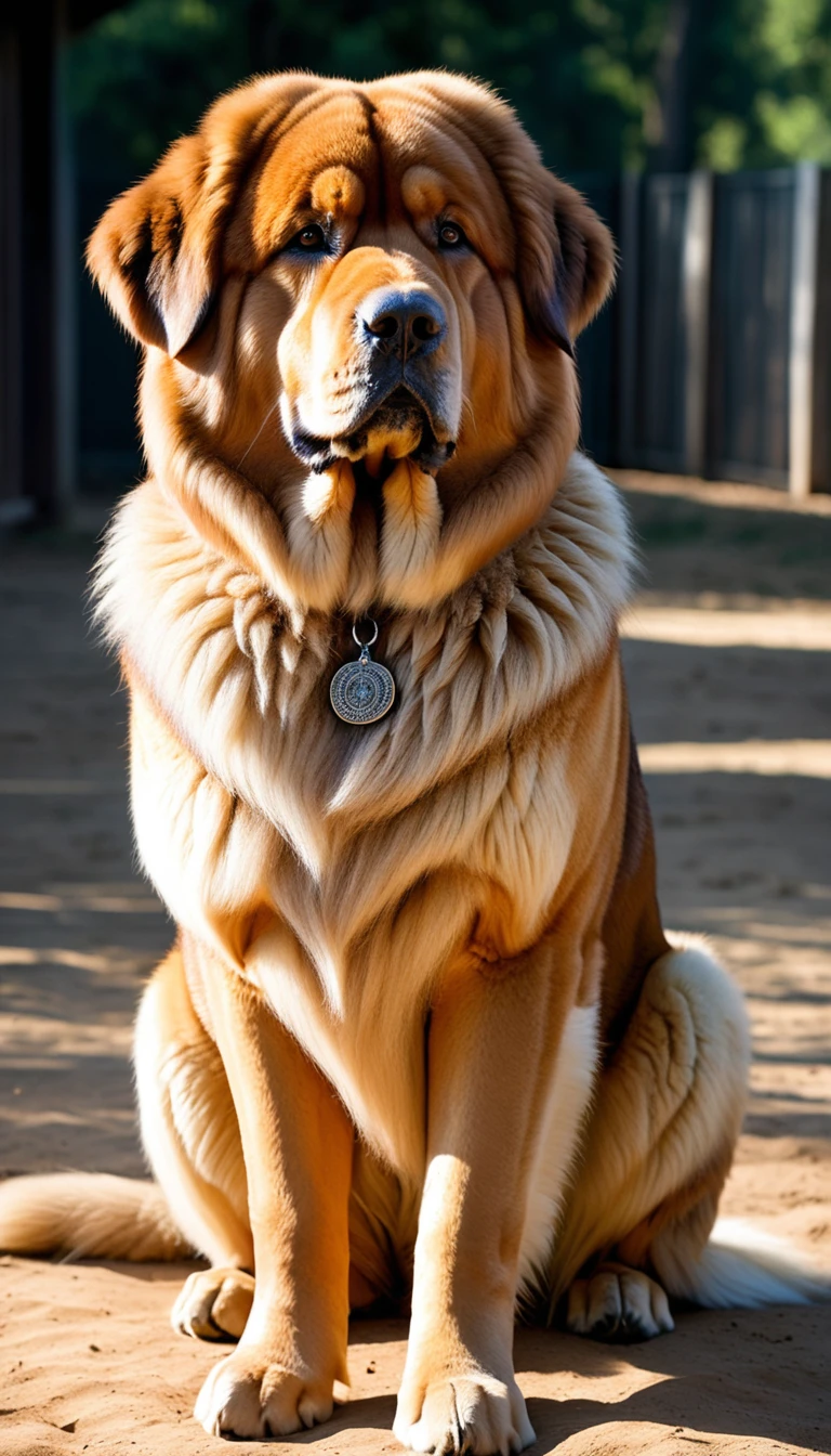 There is no one, realistic photo, photo realism, realism, tibetan mastiff(Tibetan Mastiff), perfect composition, intricate details, Very sharp, masterpiece, profile, high resolution, looking at the viewer, Full body photo in the dog park