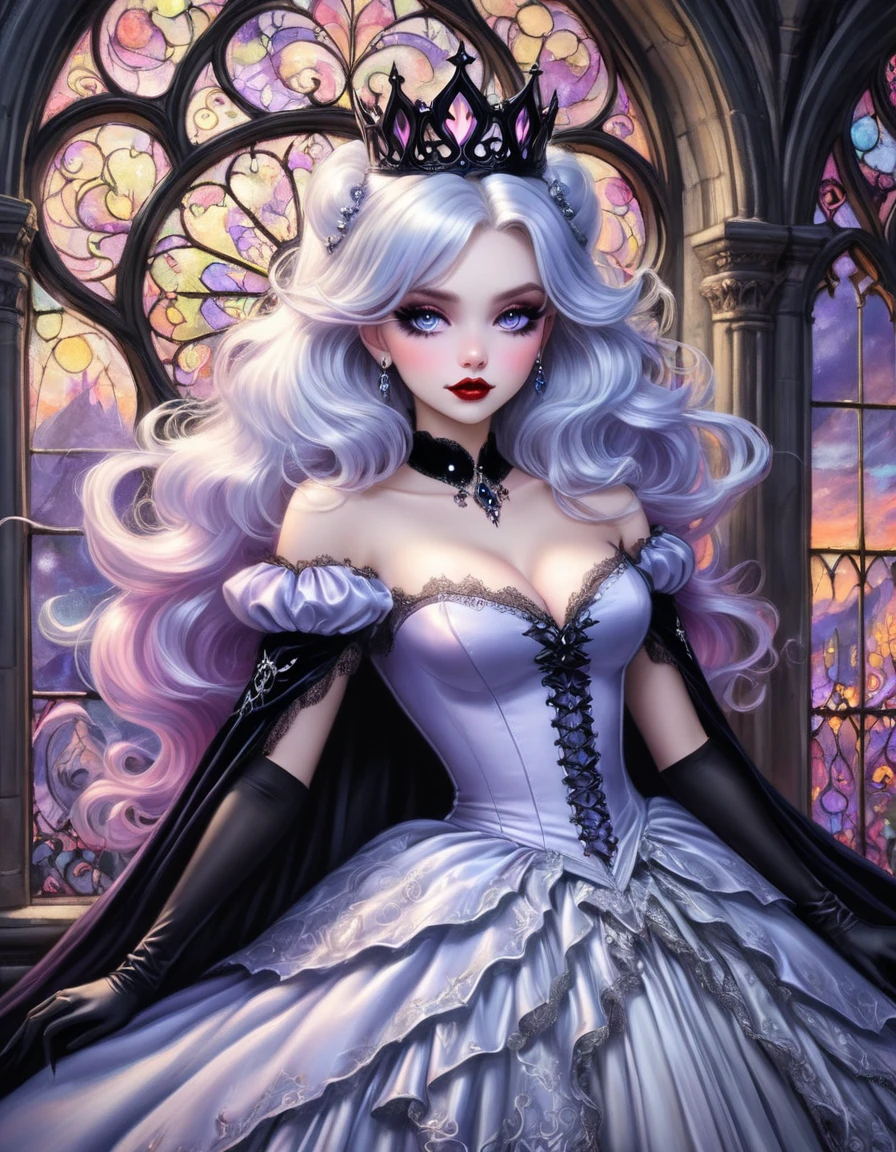 (Close-up:1.3) pastel cartoon, stunning vampire queen (relaxing on huge tall velvet throne:1.3) of Gothic, (volcanic noble dress:1.2), (high boots), (swirl skirt:1.23), (big crown), (swarm of bats coming through (intricate round Gothic window) in background), epic night outside, flowing white hair, sparkling sapphire eyes.
