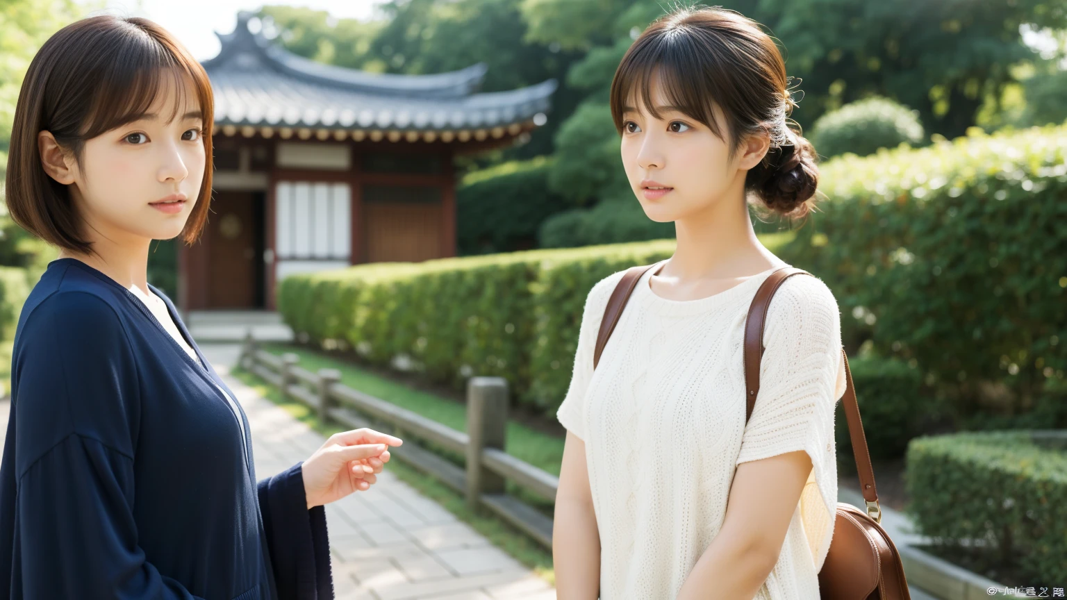 Ultra-realistic、High resolution、High resolution8Kフォトリアリスティック画像。A scene showing two Japanese sisters with completely different looks together。姉は長い黒髪in、Gentle eyes、With an elegant atmosphere。My sister has short blonde hair（明るい茶髪inも可）in、Lively expression、Wearing casual clothes。背景は日当たりの良いリビングルームin、暖かい自然光が差し込んinいる。Photo book-like page layout。