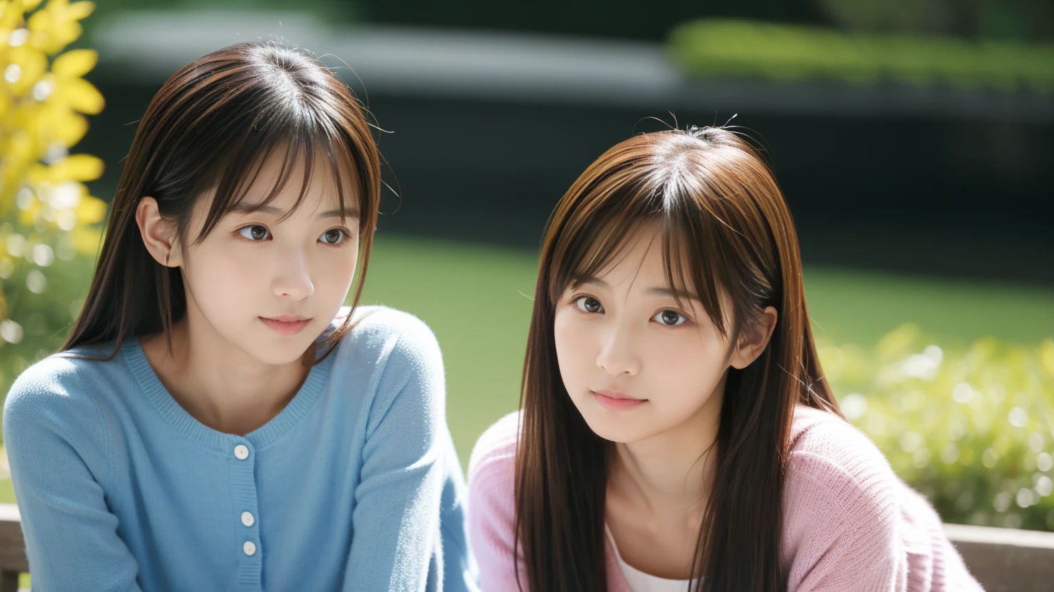 Ultra-realistic、High resolution、High resolution8Kフォトリアリスティック画像。A scene showing two Japanese sisters with completely different looks together。姉は長い黒髪in、Gentle eyes、With an elegant atmosphere。My sister has short blonde hair（明るい茶髪inも可）in、Lively expression、Wearing casual clothes。背景は日当たりの良いリビングルームin、暖かい自然光が差し込んinいる。Photo book-like page layout。