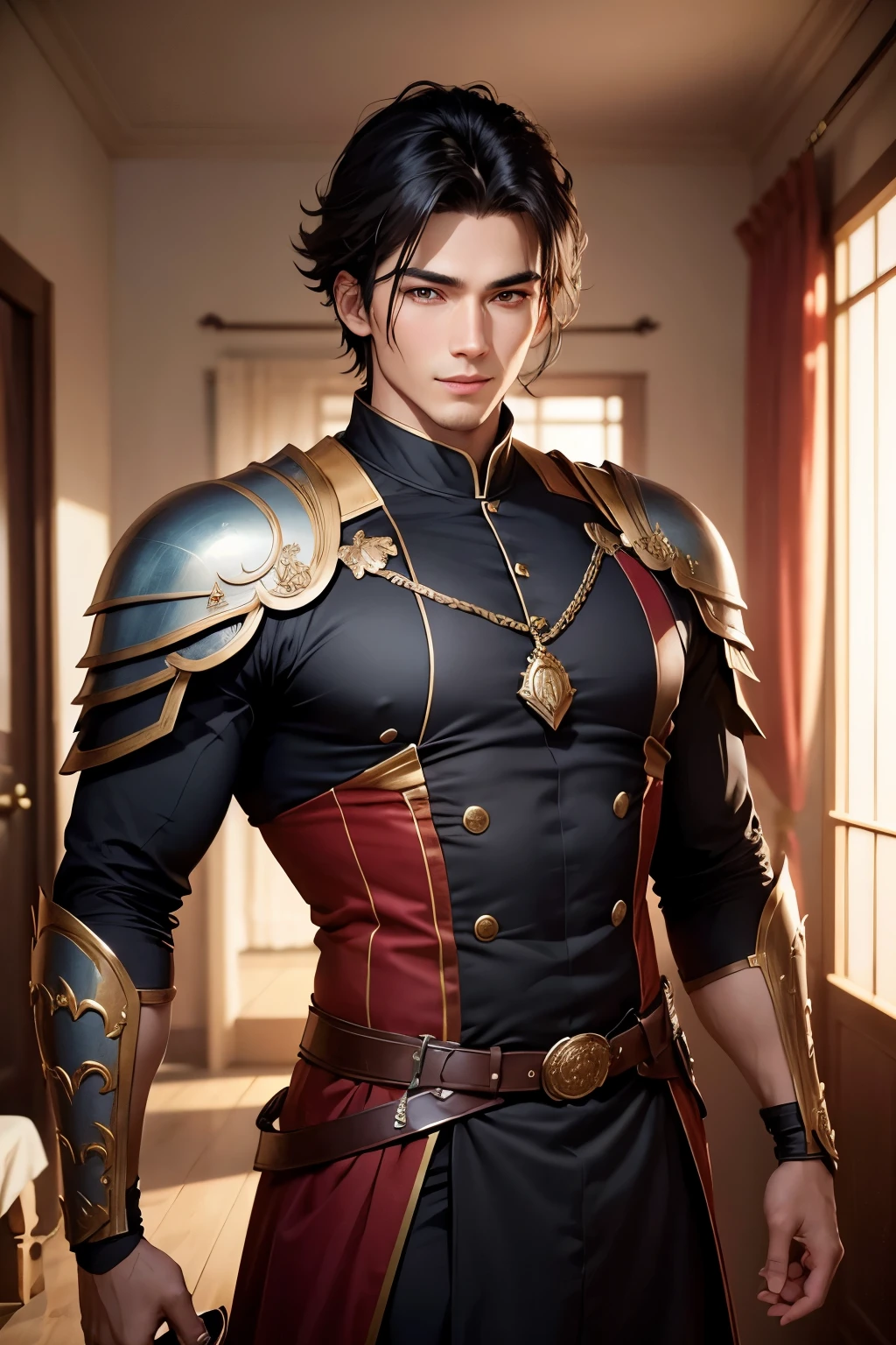 Crazy Magician, MISSING BLACK HAIR, Super handsome young man(Jaws like the real thing)Unusual smile, Special forces costumes,With a great sword from Japan. beautiful realistic photo, Photo Graphics, 23 year old young man, Black and red combat uniform,Accurate shot, Beautiful male model in the frame, Realistic Photos, A tall man, portrait of a man, 小柄, tenebrosa, disheveled hair, Com a clean skin, detalhamento, correct anatomy of the hand; beautiful face, clean skin, Skin sunburn, You can see the room in the background, romance novel cover, romance book cover, fantasy genre portrait