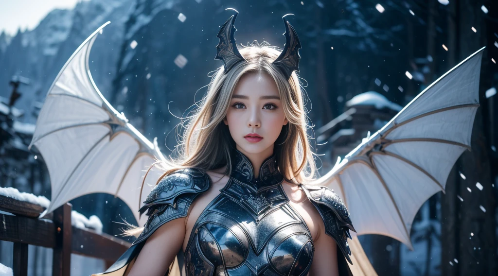 original photo, (best quality:1.3), high resolution, (masterpiece), (lifelike:1.4), Professional photography, Clear focus, High Dynamic Range, 8k resolution, Intricate details, Fine details, Depth of Field, Extremely detailed CG unified 8k wallpaper, masterpiece,poster,best quality,Official Art,(Beauty and aesthetics:1.2),(masterpiece:1.3),Miss,personal,Light Leather Armor,complex pattern,winter,Snow Mountain,Medium distance photography,(midnight),dramatic,Giant bat wings,