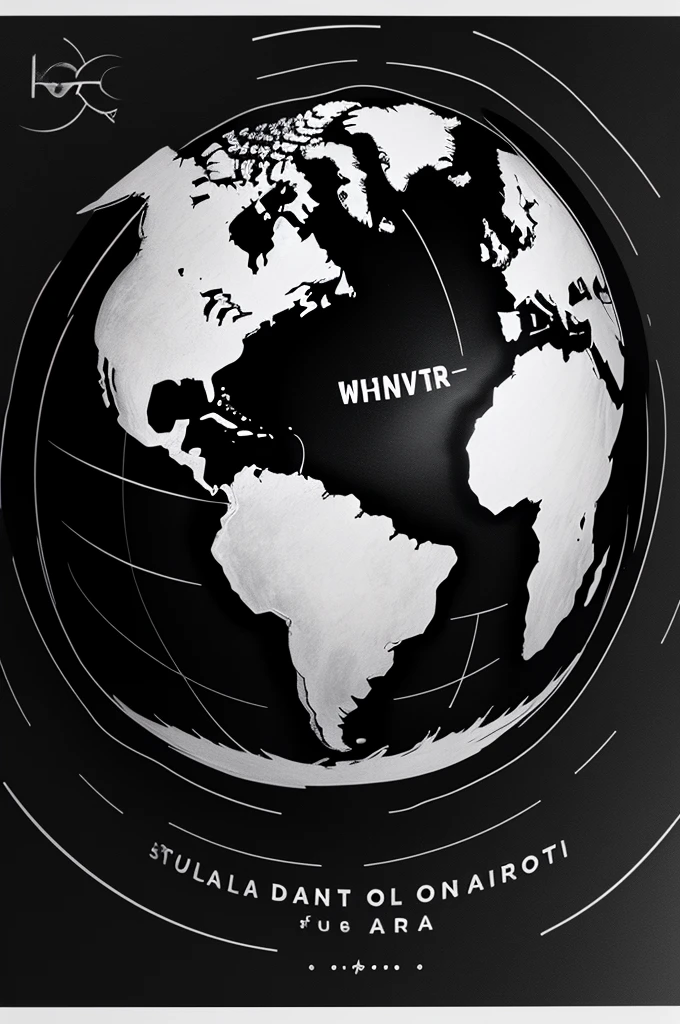 In the form of a black work drawing, create a world map globe with the word wanderlust