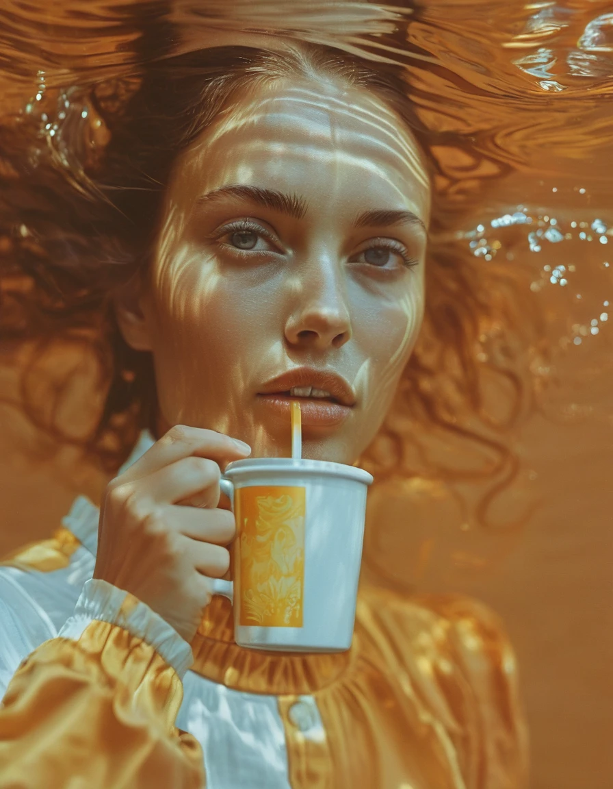 luzerne fashion x rays of light by sebastian rossetti, looking at the camera, in the style of yigal ozeri, ursula von rydingsvard, calm waters, white woman turtle neck shirt, drinking coffee from a straw, opened eyes, emek golan, terracotta, hyper-realistic water --ar 101:128 --v 6.0 --style raw