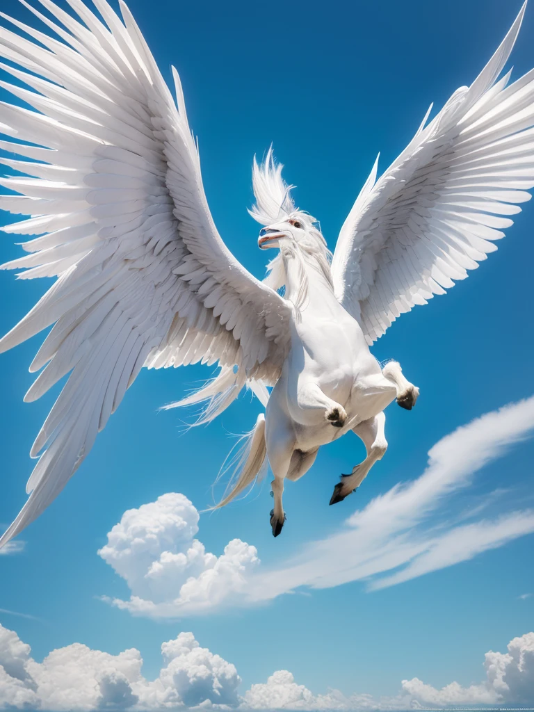 (((Highest quality, masterpiece, Ultra-high resolution, RAW Photos, Very detailed, Perfect Anatomy, Pure White Pegasus,Pegasus has four legs,Pegasus has one head and one neck ,Pegasus has one feather on each side,Pegasus is pure white and has long wings..,Pegasus spreads his wings and is about to take flight:1.5,Full body photo,)))((Highest quality)), A pure white Pegasus is about to take flight,Real,Powerful,Impressive
