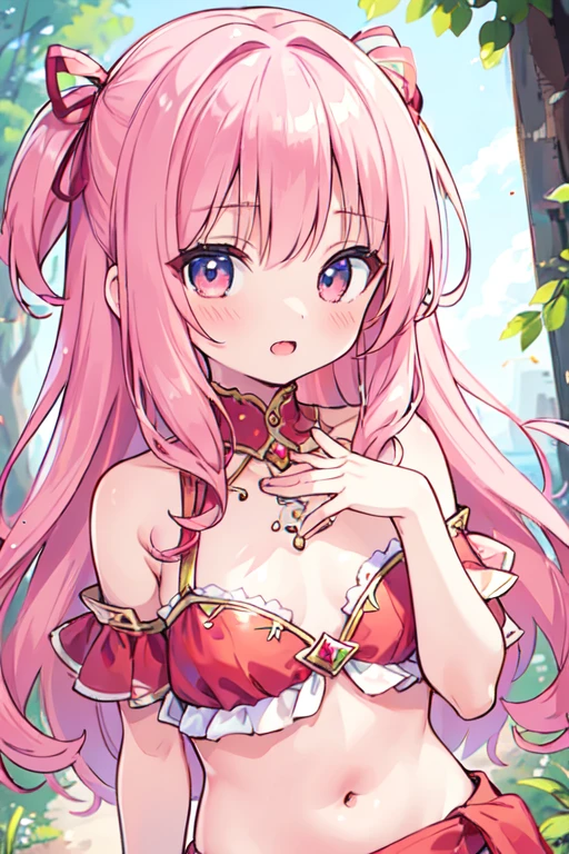 (best quality, masterpiece:1.2), ultra detailed, extremely detailed eyes and face, natural skin texture, detailed skin, natural lighting,
chibi, 1 girl, 12-years-old, (cute), pink hair, middle hair, straight hair, shiny hair, flat chest,
(wearing red bellydancer), fang, mesugaki face,
upper body,