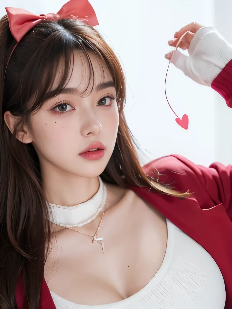 Kim Jennie with white brown hair, with curlers at the ends, with two bows on each side of the hair, all her hair white brown, with a star clip in her white brown hair, light colored eyes, pretty eyes, crying eyes, pretty, upturned nose, watery nose, Pretty lips, pink lips, heart and cupid shaped lip, pretty skin, pale, White skin, with moles and freckles all over his face, soft pink blush on the cheeks, natural pink blush, soft pink makeup, Jennie, nice neck, marked collar, frown, tender look, with a kiss necklace, a pretty kiss necklace, similar to Yumeko Jabami, while wearing a Crochet YK2, woolen, with a YK2 style brown mini skirt, while wearing a jacket with bear prints, while having a bare abdomen, Delgado, marked and pretty, (big breasts, soft breasts, nice breasts), while she is cosplaying the character Yumeko Jabami, The anime Kakegurui, While he is with a nice friend boy, looking to the camera