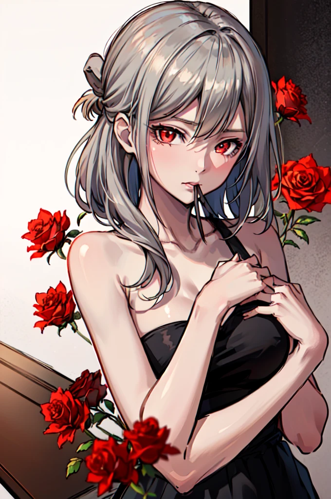 One girl,alone,One girl,alone,((Beautiful attention to detail)), (Detailed light),Depth of written boundary,(Gray Hair),Silver Eyes,Hair on one eye,(Red flower ), Hair Flowers,Long Hair,naked,Wet,emotionless,Recall,night,Starfall,it&#39;s raining,fog,Red flowers falling,sketch,Upper Body,Strong Shadows,