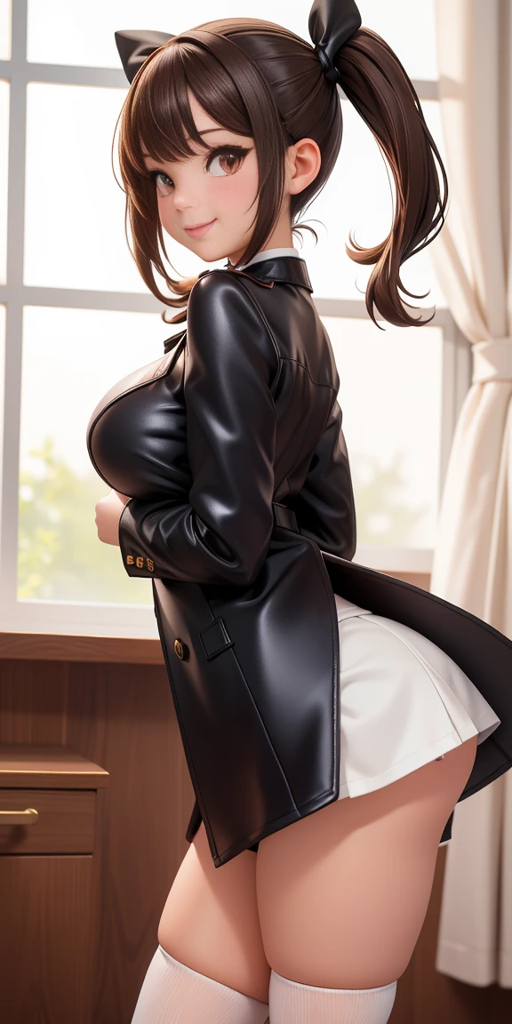 young girl (very sexy), big round breasts, Long collar coat, square mini skirt, wide legs (Portal illness), long socks, wide hip, skinny toned, profile stop, face flirting with the viewer, dark brown hair (two pigtails with a bow), sexy smile, hot