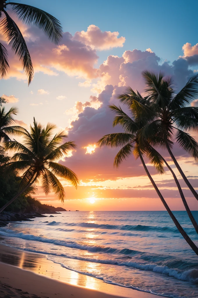 Beach landscape with couple , boards a combe, mar , sunset and coconut trees and flowers 