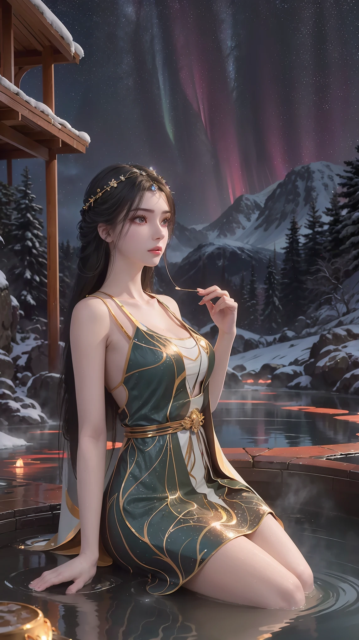 a beautiful girl sitting on an icy hot spring at night, starry sky, snow, hot spring water, bathing in the hot spring, water magic, 1girl, detailed face, detailed eyes, detailed lips, long eyelashes, beautiful detailed skin, exquisite facial features, elegant pose, serene expression, mist rising from hot spring, glowing water, ice crystals on rocks, aurora borealis in night sky, warm lighting, vibrant colors, highly detailed, photorealistic, 8k, hyper realistic, masterpiece, digital art