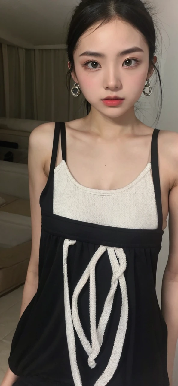 sheman, face look like upload foto (no edit), black tanktop, looking a mirror, body like upload foto
