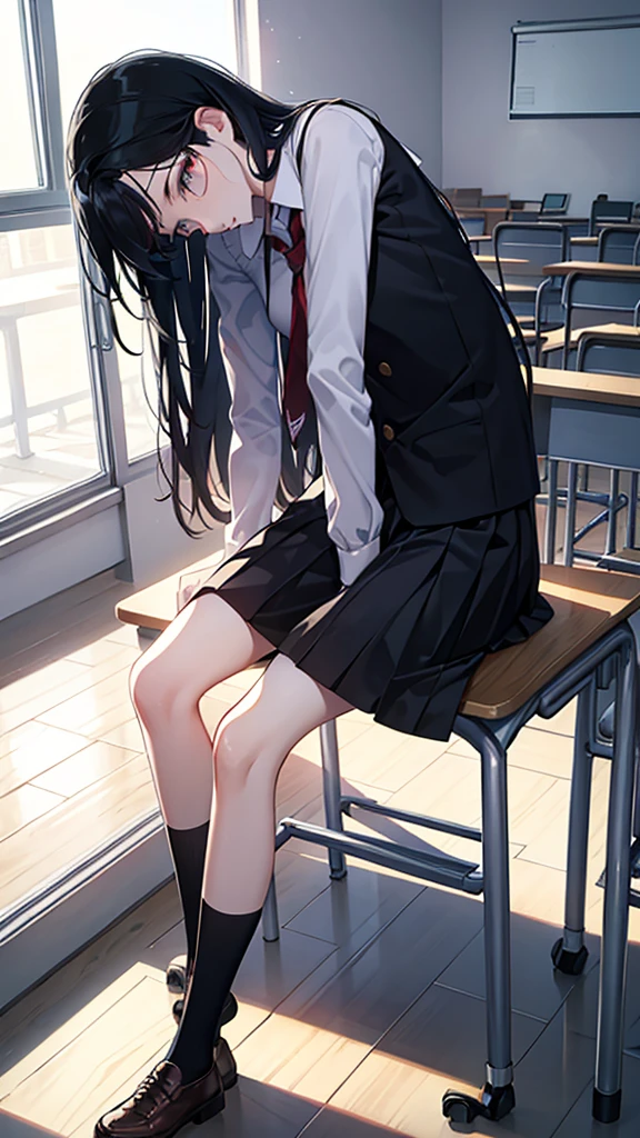 , long black hair, Nerd, feeling: shame , local: class room