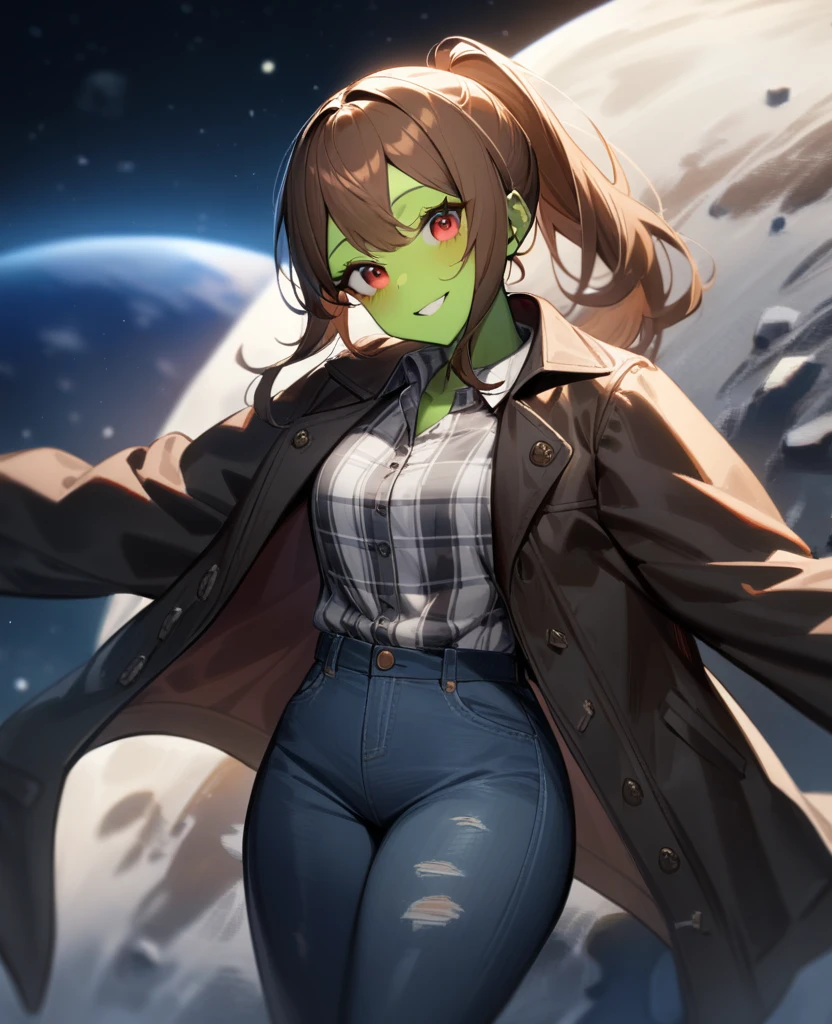 1girl,solo,red eyes,((brown hair:1.5)),ponytail,((light green skin)), very tall, old tattered black coat, tan jeans, flannel shirt,cowboy shot,on moon, blue and grey ringed planet in sky,Science fiction,ultra-detailed,sharp focus,aesthetic,(best quality) smiling