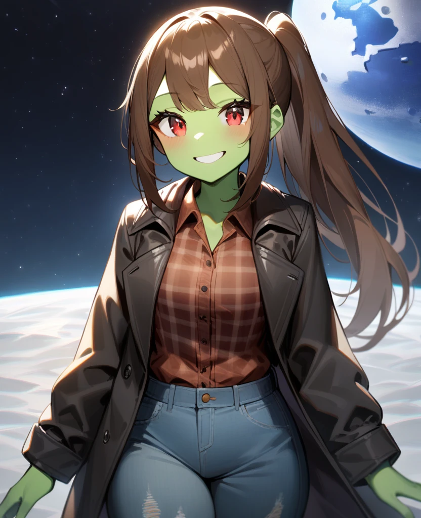 1girl,solo,red eyes,((brown hair:1.5)),ponytail,((light green skin)), very tall, old tattered black coat, tan jeans, flannel shirt,cowboy shot,on moon, blue and grey ringed planet in sky,Science fiction,ultra-detailed,sharp focus,aesthetic,(best quality) smiling