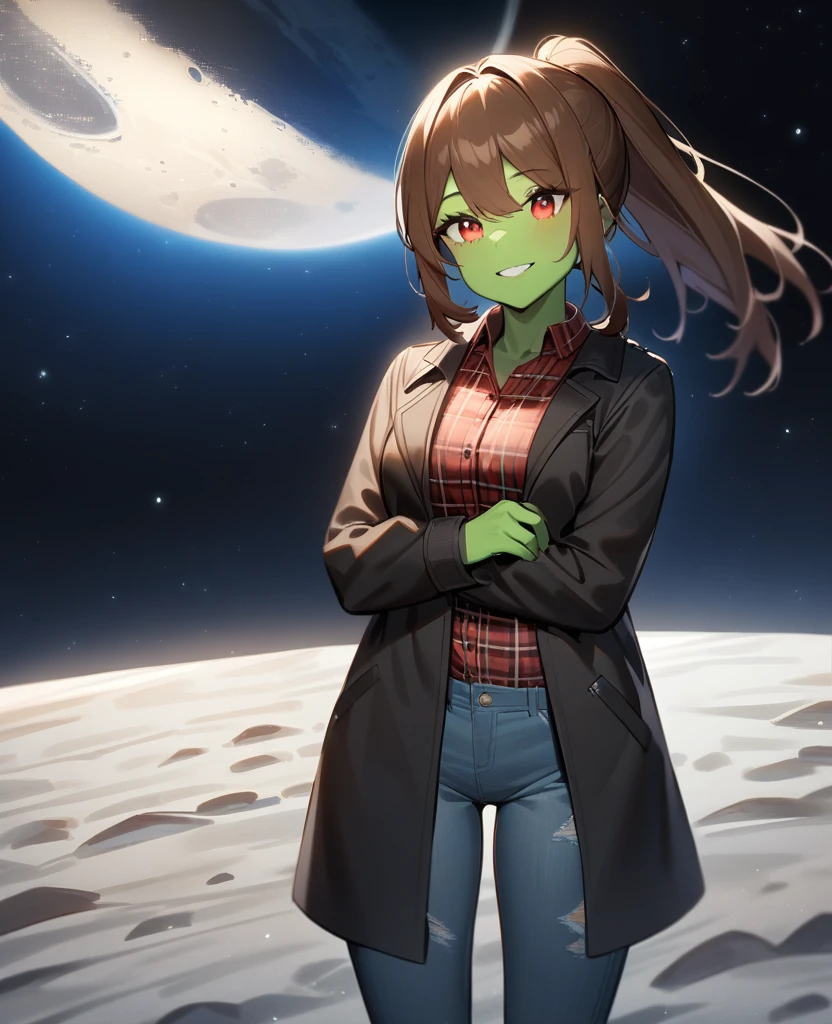 1girl,solo,red eyes,((brown hair:1.5)),ponytail,((light green skin)), very tall, old tattered black coat, tan jeans, flannel shirt,cowboy shot,on moon, blue and grey ringed planet in sky,Science fiction,ultra-detailed,sharp focus,aesthetic,(best quality) smiling