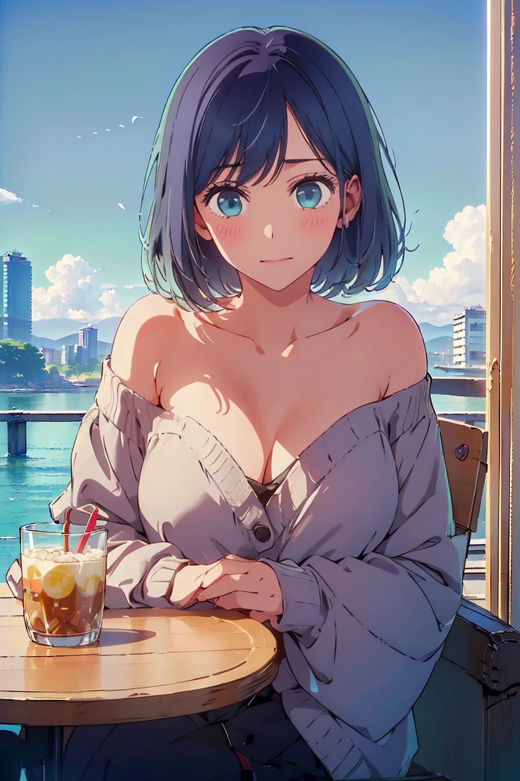 (Highest quality:1.4、masterpiece:1.4、Super detailed:1.4、Ultra-high resolution:1.4、8K:1.4)、Slim body、Big Breasts、((((1 person、Surprised expression、sit、Chair、In the background are the urban buildings of Tokyo、looking at the camera、coastal、Outdoor café terrace、juice、Get up close and take a photo、table、Very cute face))))、((((nude、very beautiful areola))))、(Pose with hands tucked behind ears:1.4、Cheek resting on hand:1.4)、(((Black off-the-shoulder cardigan)))、valley、Leaning forward、Very blue sky、A completely cloudless sky