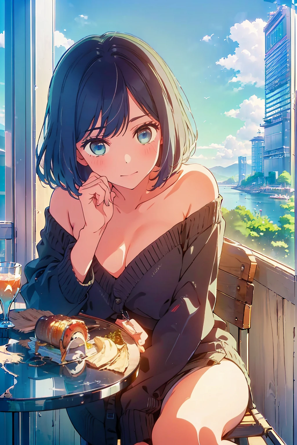 (Highest quality:1.4、masterpiece:1.4、Super detailed:1.4、Ultra-high resolution:1.4、8K:1.4)、Slim body、Big Breasts、((((1 person、Surprised expression、sit、Chair、In the background are the urban buildings of Tokyo、looking at the camera、coastal、Outdoor café terrace、juice、Get up close and take a photo、table、Very cute face))))、((((nude、very beautiful areola))))、(Pose with hands tucked behind ears:1.4、Cheek resting on hand:1.4)、(((Black off-the-shoulder cardigan)))、valley、Leaning forward、Very blue sky、A completely cloudless sky