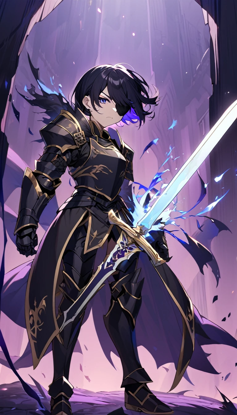 1 girl, Black medieval style armor with gold trim, insert white cover, without helmet, short black hair, insert eye patch over left eye, holding his silver sword with dark engravings on the blade and emanating a dark blue aura, purple backdrop