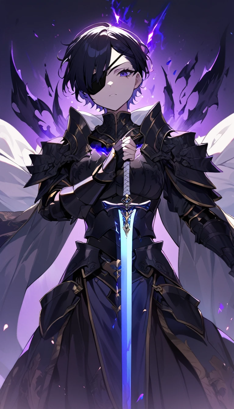1 girl, Black medieval style armor with gold trim, insert white cover, without helmet, short black hair, insert eye patch over left eye, holding his silver sword with dark engravings on the blade and emanating a dark blue aura, purple backdrop