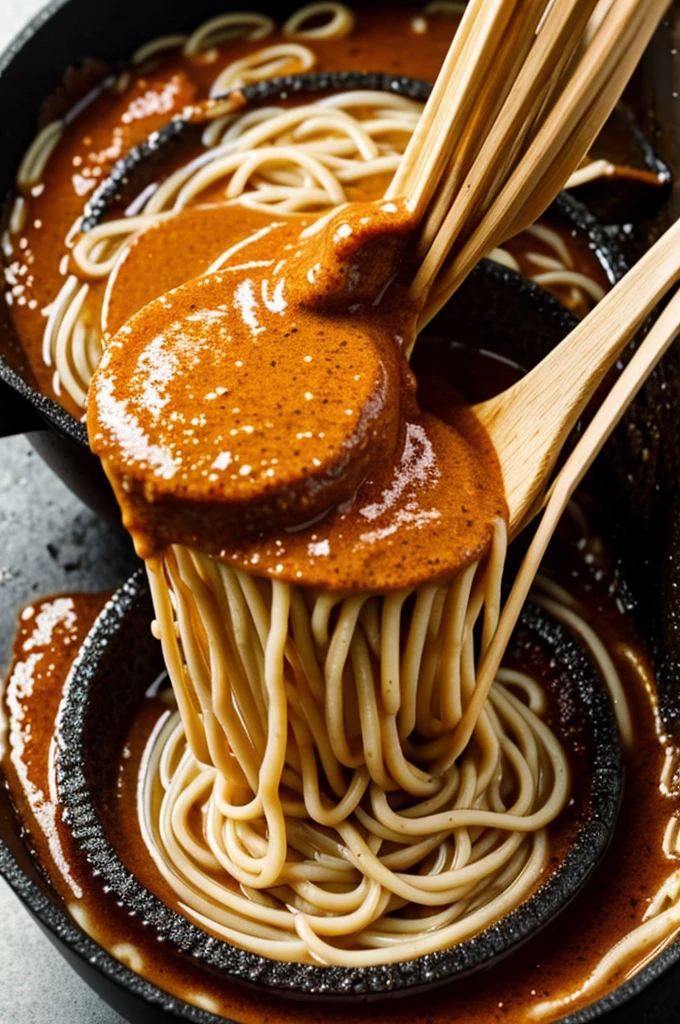 Scooping out noodles and lava semen sauce, the lava shoots at the face.