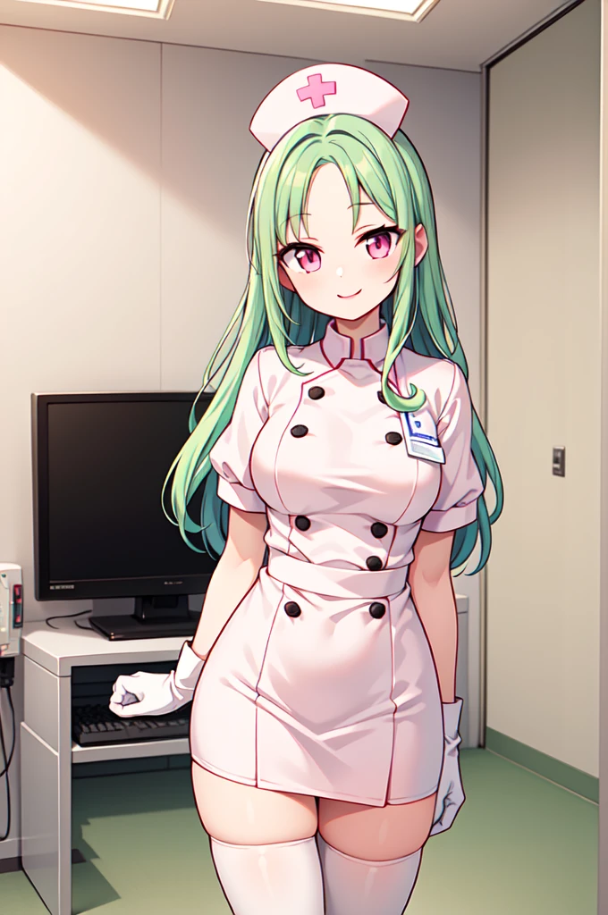 1woman, solo, nurse, white nurse cap, white nurse uniform, ((white legwear, zettai ryouiki)), white gloves, forehead, long hair, green hair, pink eyes, pink lips, smile, standing, ((hospital room)), sharp outline, short sleeves, mature female, 35 years old, best quality, masterpiece