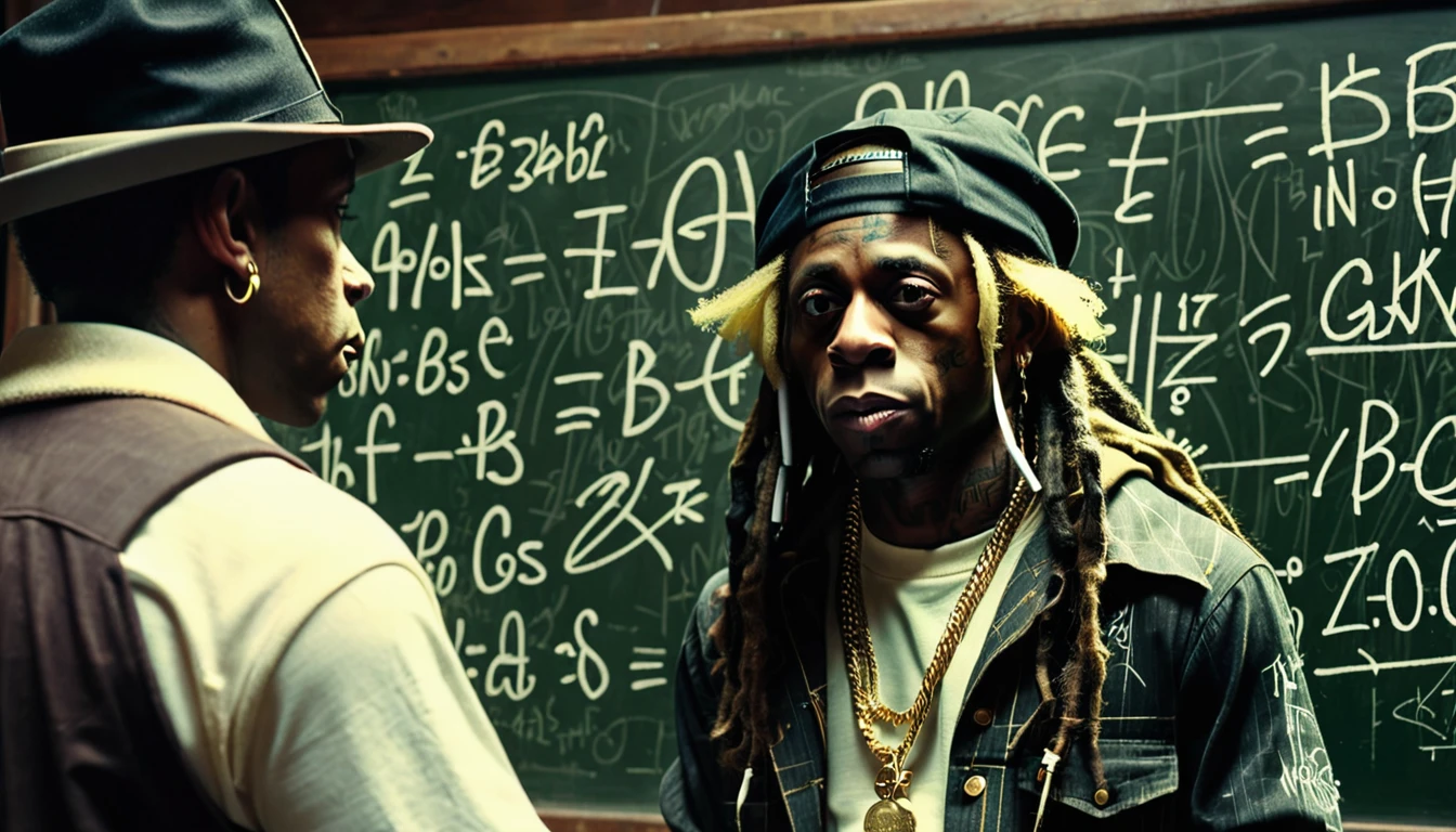 1970s, "Lil Wayne" writing mathematical equations on a chalkboard, he is wearing gangster attire, cinematic action, atmospheric perspective, depth of field, textured skin, super detail,