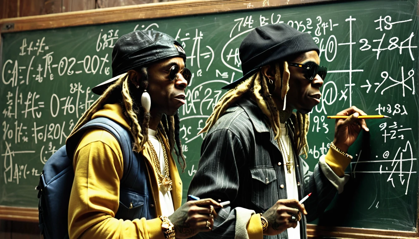 1970s, "Lil Wayne" writing mathematical equations on a chalkboard, he is wearing gangster attire, cinematic action, atmospheric perspective, depth of field, textured skin, super detail,