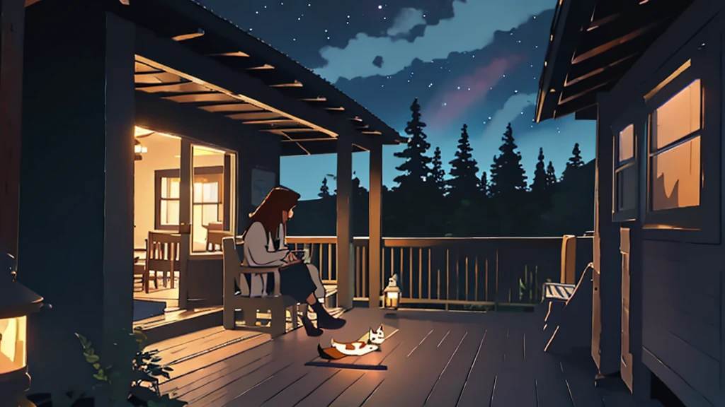 a girl sitting on a porch with a fox, with a view of the night sky