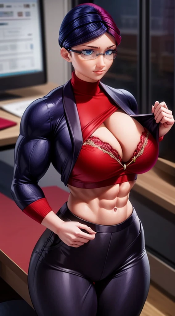 a muscular female bodybuilder in (( red bra inside (office suit) and her hair is (gradient of dark blue and red) from end to the right side of head)), detailed face, beautiful detailed eyes, beautiful detailed lips, ((extremely detailed face and muscles)), long eyelashes, strong muscles bulging through suit, dynamic pose, professional studio lighting, hyperrealistic, 8k, high quality, photorealistic, physically-based rendering, concept art, dramatic color palette,((abs)).