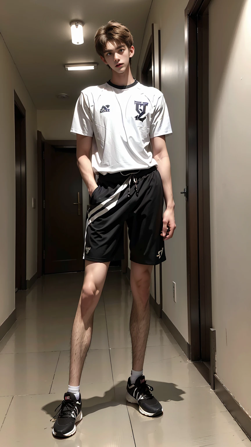 masterpiece,best quality,Frontal view，Stay away from the camera， (An 18-year-old tall boy:1.2), 190cm tall，(Standing upright in the campus corridor:1.2),（Football Jersey）,Broad shoulders,Muscular shoulders，（Extremely strong body），Muscular body，Attractive and fit body，Inverted triangle figure，Biceps，Highlight muscle texture， Muscular body，Long and strong legs，sports shoes，Small head，Handsome and cute face，V-Shaped Face，Perfectly detailed facial features,Looking at the camera，Happy expression，leaning back,head tilt, happy, very short hair, brown hair,(looking at viewer:1.2)，Vision