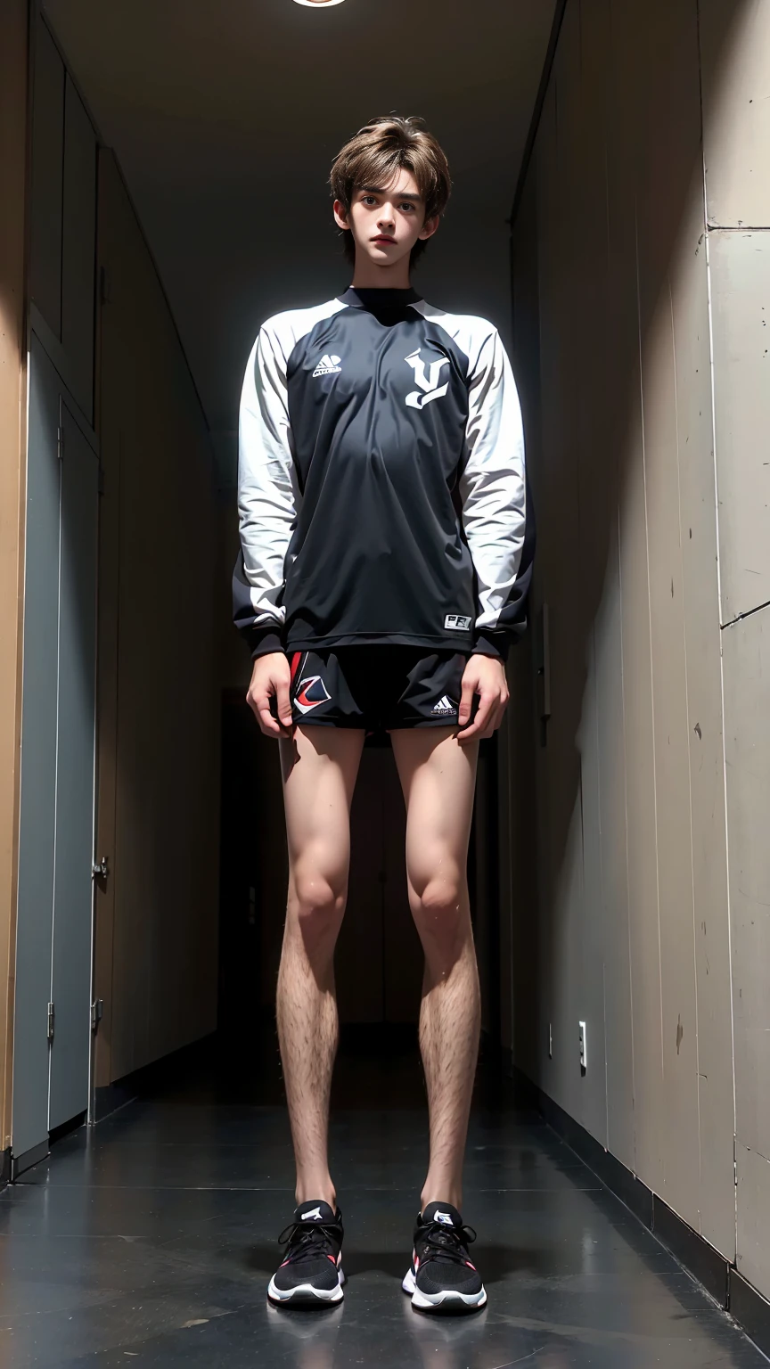 masterpiece,best quality,Frontal view,Stay away from the camera, (An 18-year-old tall boy:1.2), 190cm tall,(Standing upright in the campus corridor:1.2),(Football Jersey),Broad shoulders,Muscular shoulders,(Extremely strong body),Muscular body,Attractive and fit body,Inverted triangle figure,Biceps,Highlight muscle texture, Muscular body,Long and strong legs,sports shoes,Small head,Handsome and cute face,V-Shaped Face,Perfectly detailed facial features,Looking at the camera,Happy expression,leaning back,head tilt, happy, very short hair, brown hair,(looking at viewer:1.2),Vision
