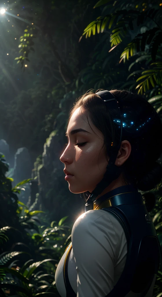 (35mm style:1.2), Highly detailed RAW color photo, Full body, of spacewoman wearing white and gold spacesuit, futuristic helmet, outdoors, looking at magical lush rainforest on alien planet, Vivid detail, (Exotic alien planet), Toned body, Big butt, (Science Fiction), (Mountains:1.1), (Lush Green Vegetation), (Two Moons in the Sky:0.8), (Highly Detailed, Hyper Detailed, Intricate), (Lens Flare:0.7), (Bloom:0.7), Particle effects, Ray tracing, Cinematic lighting, Shallow depth of field, Shot on professional camera, Wide angle lens, Sharp focus, Cinematic profile, Dynamic angle
