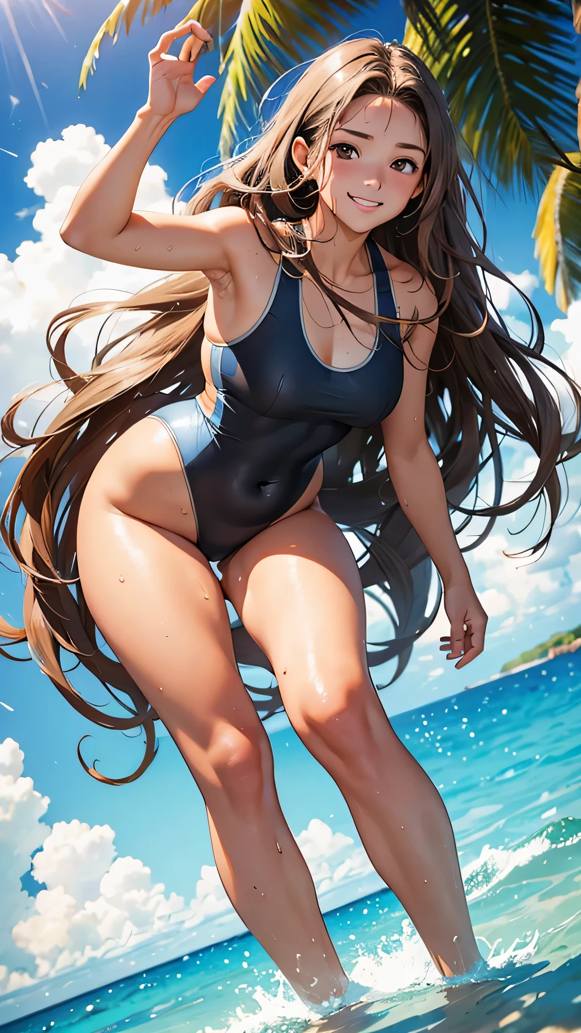 highest quality、Realistic、zoom、Chestnut Hair、Gray Eyes、long hair、One piece swimsuit、Sunburned、Tan、Brown Skin、Sweat、smile、、Ocean、Plump、Full Body、